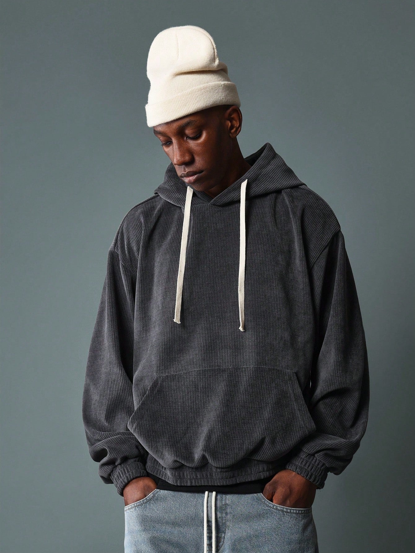 Regular Fit Textured Overhead Hoodie With Drawcords