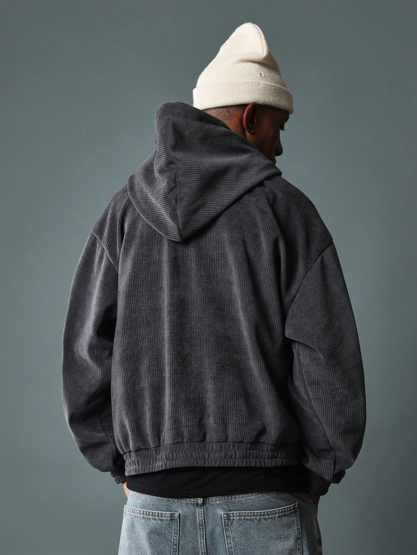 Regular Fit Textured Overhead Hoodie With Drawcords