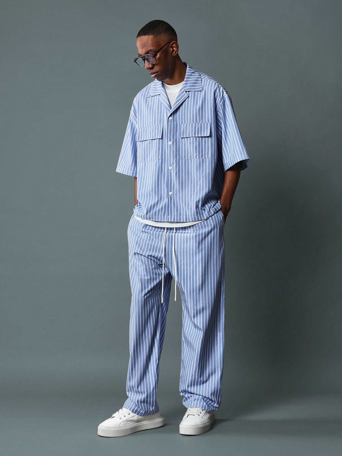 Boxy Fit Revere Collar Short Sleeve Stripe Shirt And Loose Fit Stripe Pants 2 Piece Set