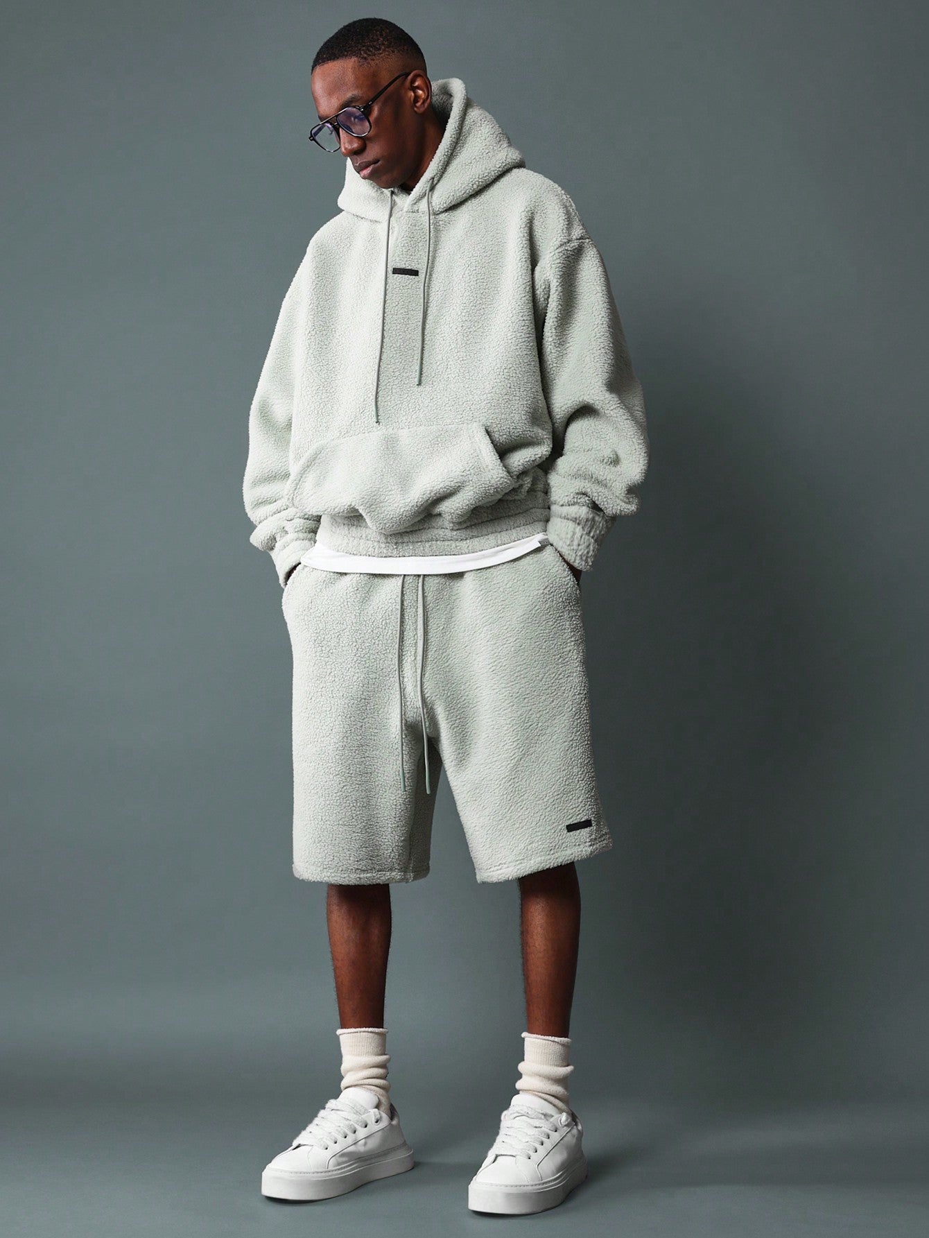 Regular Fit Borg Overhead Hoodie And Short 2 Piece Set