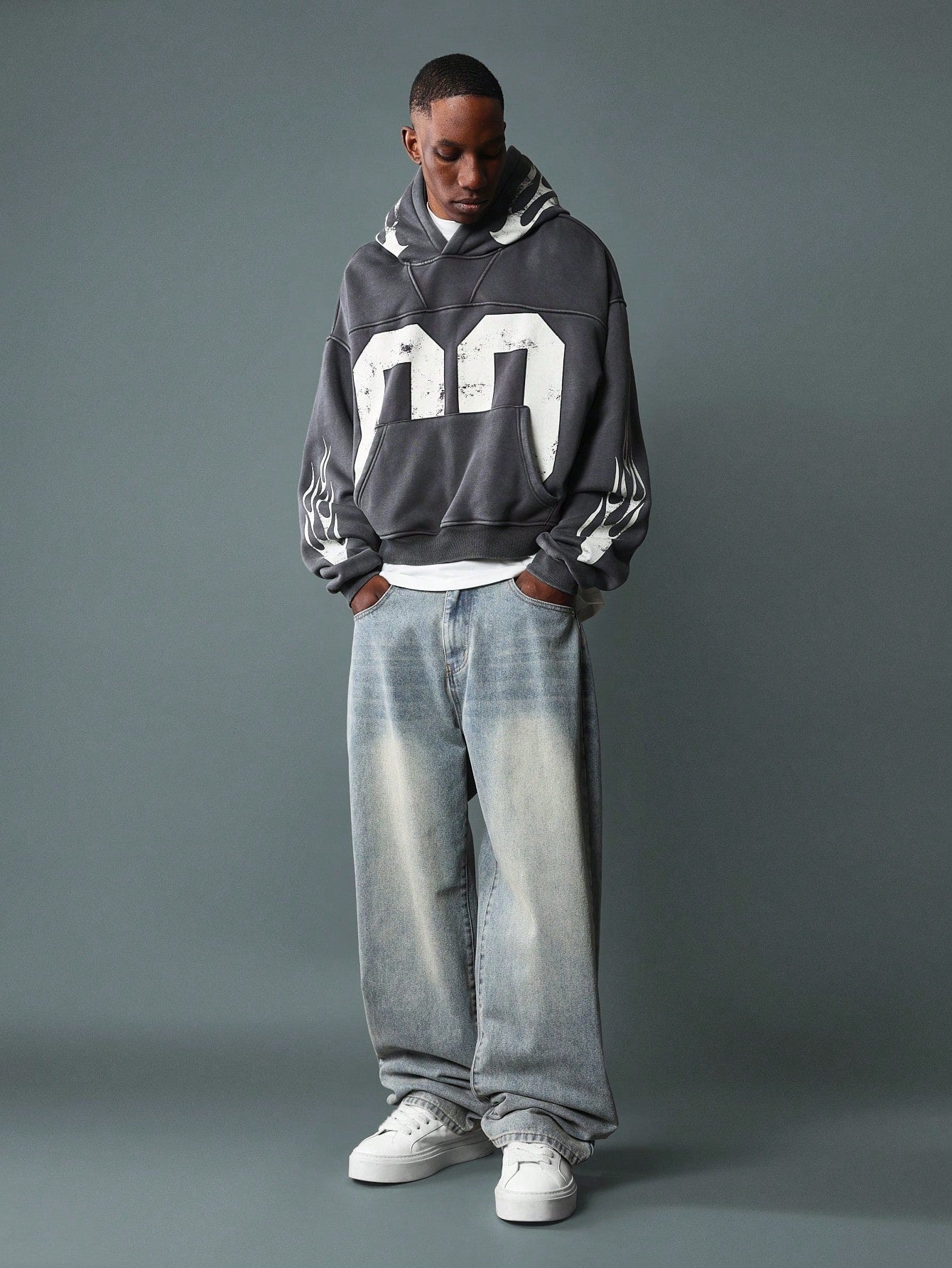 Washed Crop Hoodie With Flame & Number Graphic Print