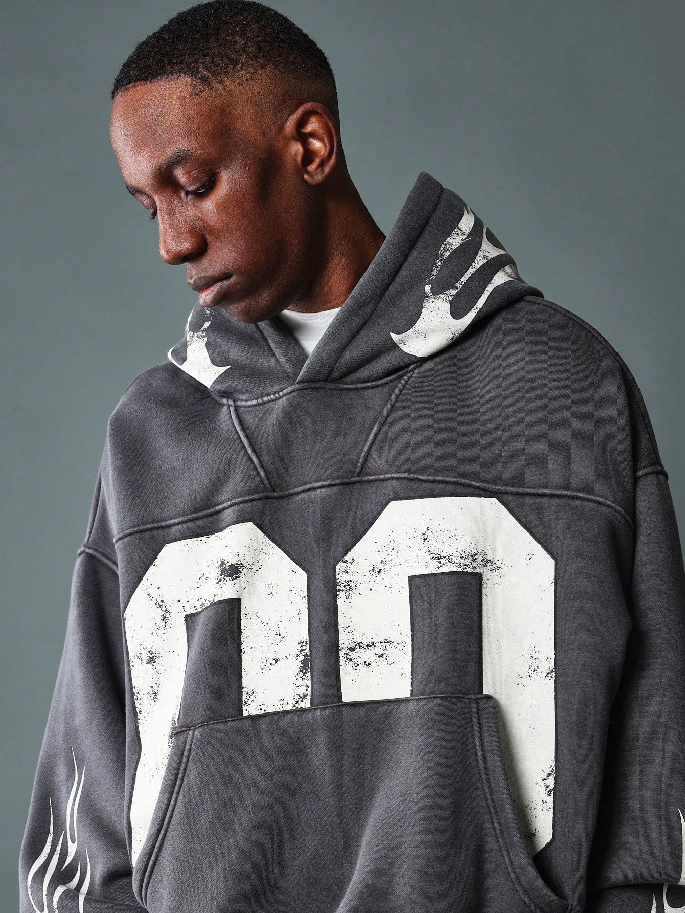 Washed Crop Hoodie With Flame & Number Graphic Print