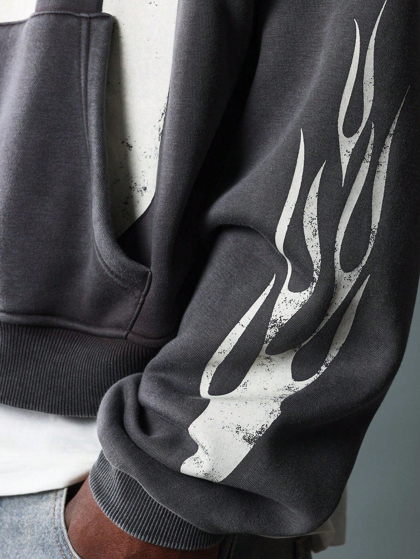 Washed Crop Hoodie With Flame & Number Graphic Print