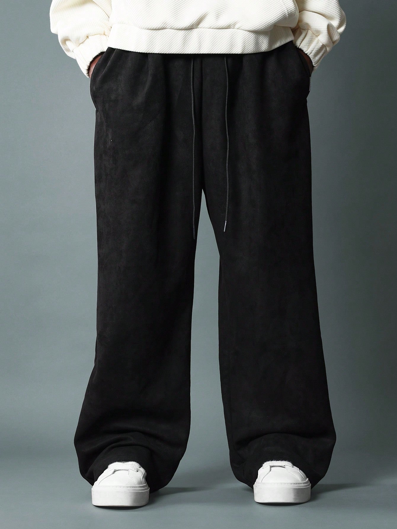 Wide Leg Suedette Sweatpants With Pleat