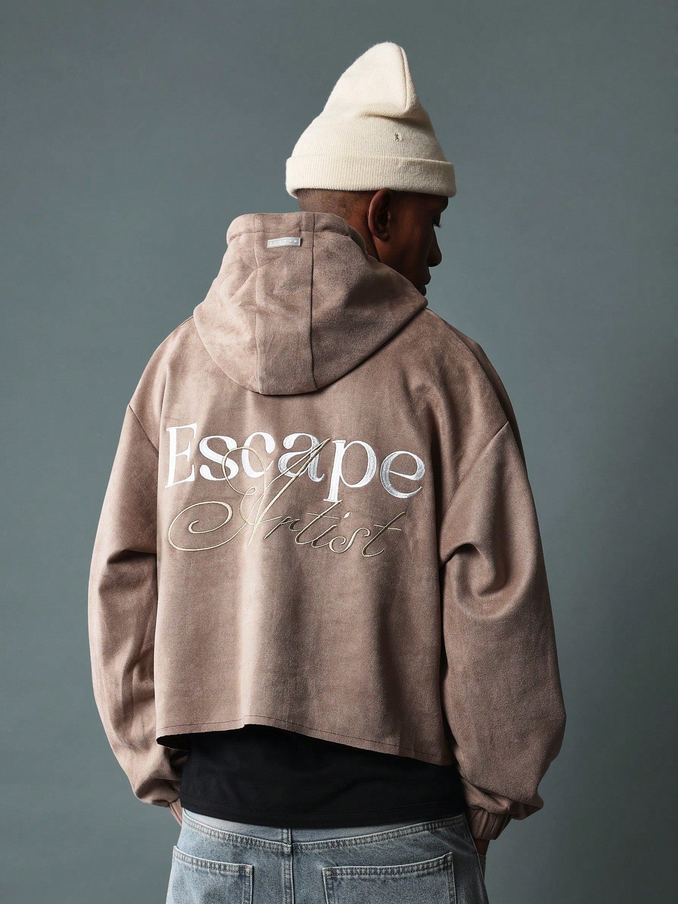 Crop Fit Suede Overhead Hoodie With Embroidery Pattern & Hood Drawstrings