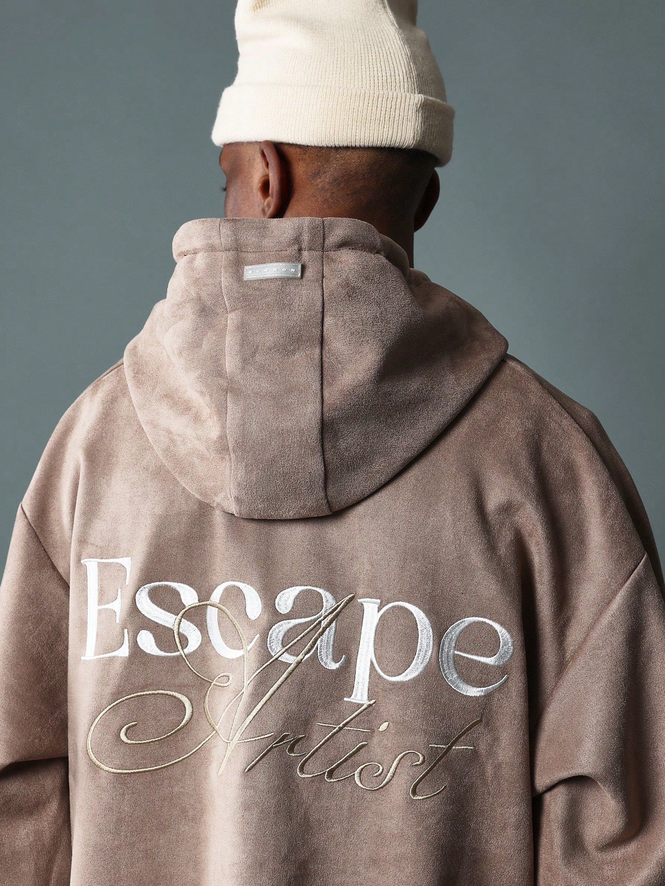 Crop Fit Suede Overhead Hoodie With Embroidery Pattern & Hood Drawstrings