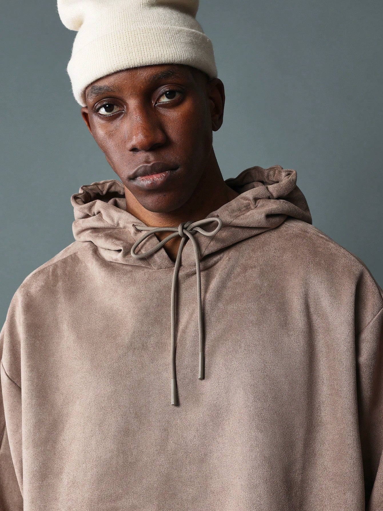 Crop Fit Suede Overhead Hoodie With Embroidery Pattern & Hood Drawstrings