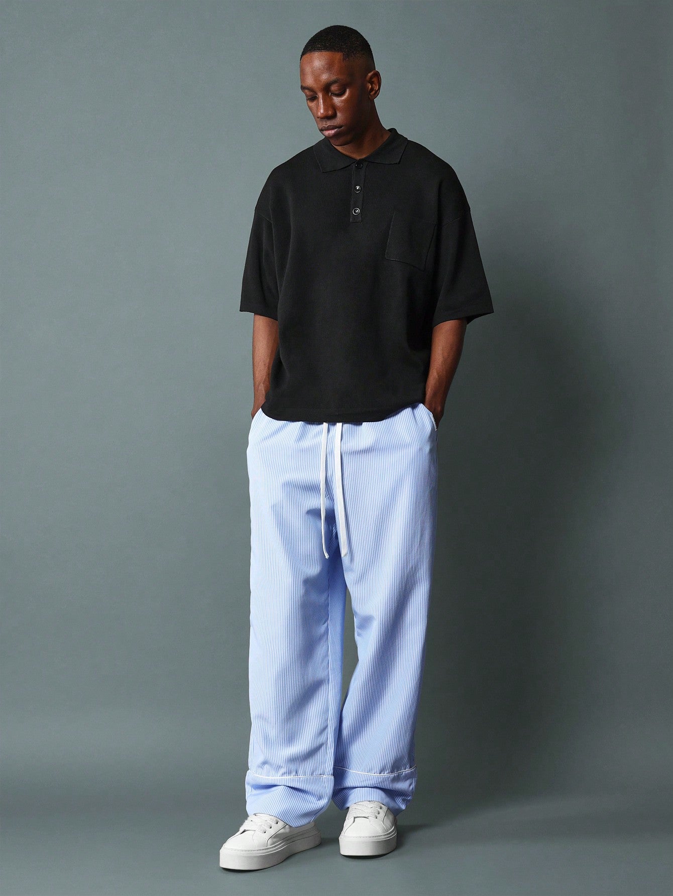 Pull On Loose Fit Stripe Pant With Cuff