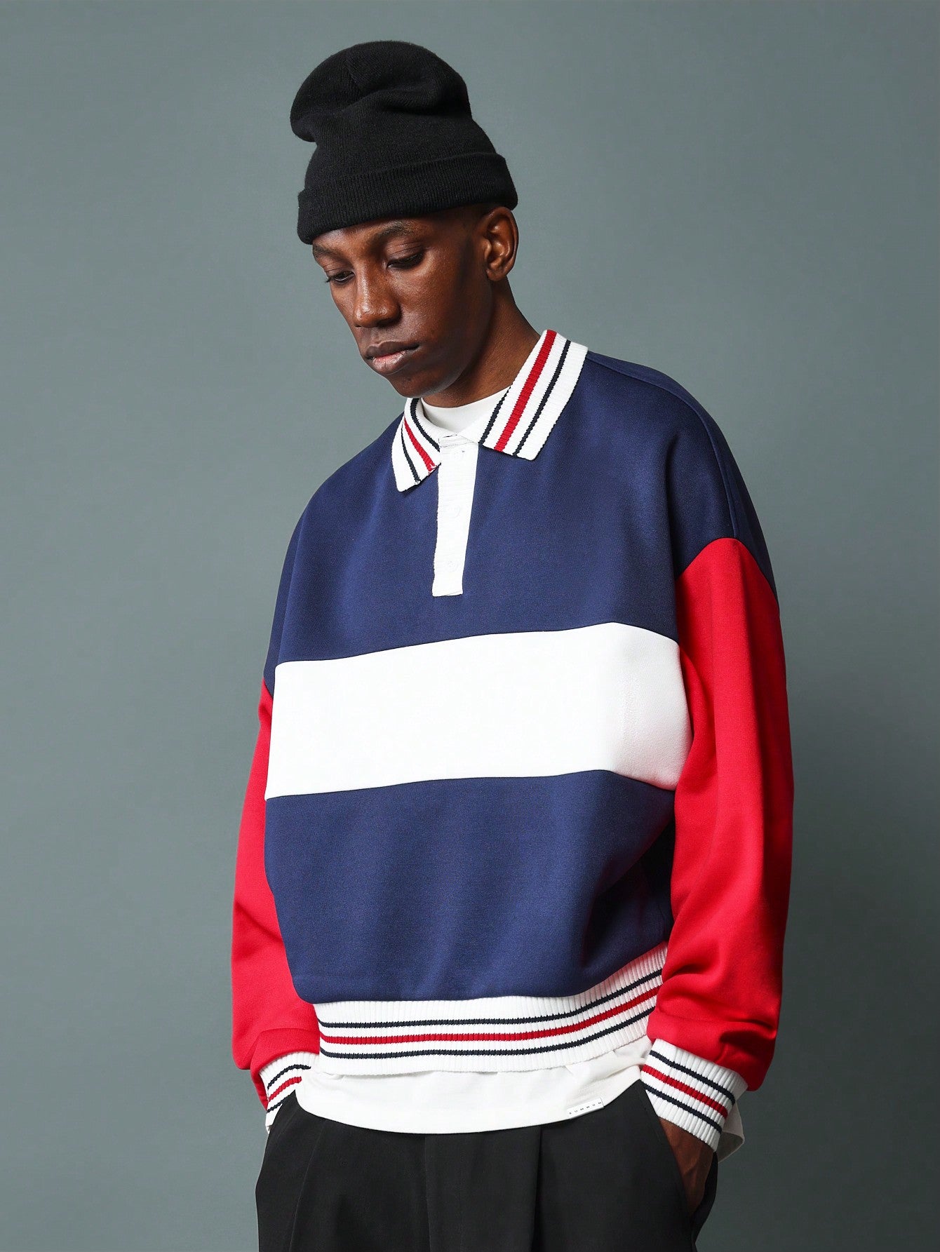 Crop Fit Colour Block Panel Long Sleeve Polo Shirt