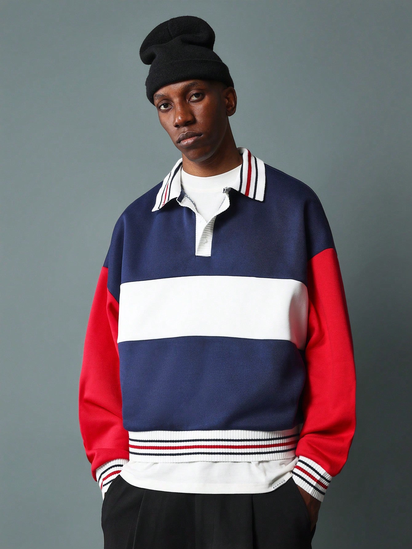 Crop Fit Colour Block Panel Long Sleeve Polo Shirt