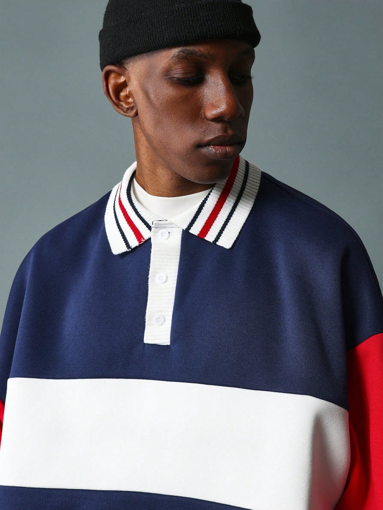 Crop Fit Colour Block Panel Long Sleeve Polo Shirt