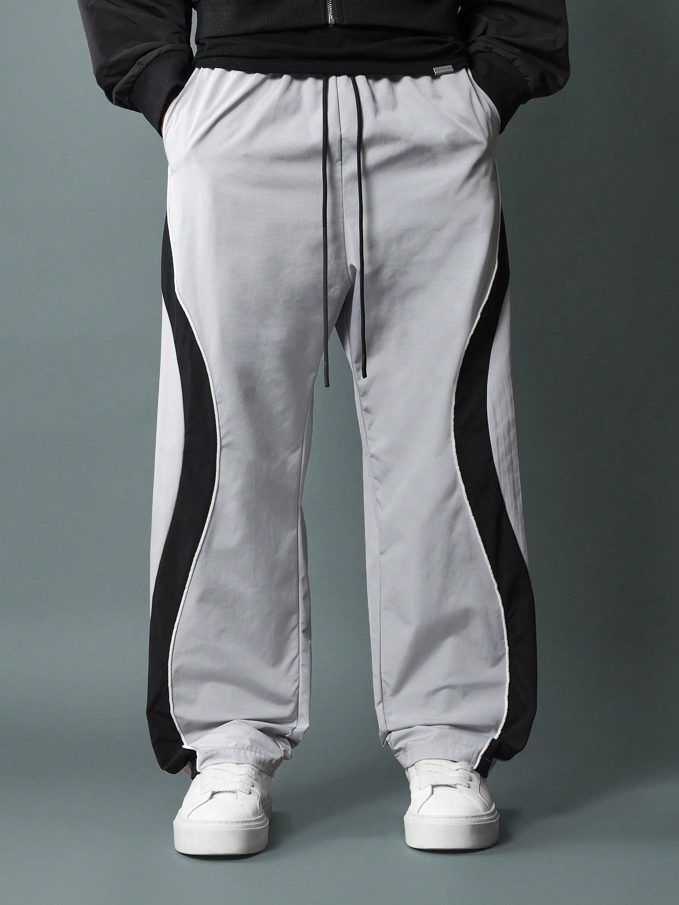 Loose Fit Pull On Pants With Curve Colour Block Panel & Piping