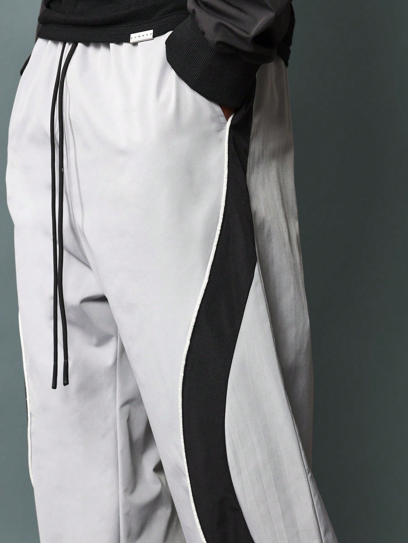 Loose Fit Pull On Pants With Curve Colour Block Panel & Piping