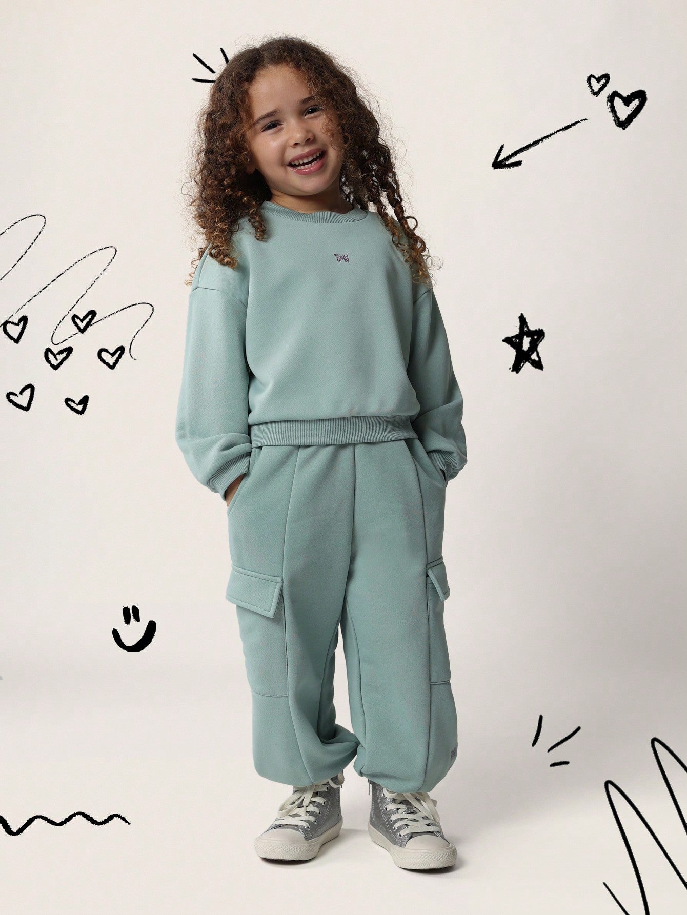 Young Girls Everyday Play Crew Neck Sweatshirt And Cargo Jogger 2 Piece Set With Butterfly Graphic Print