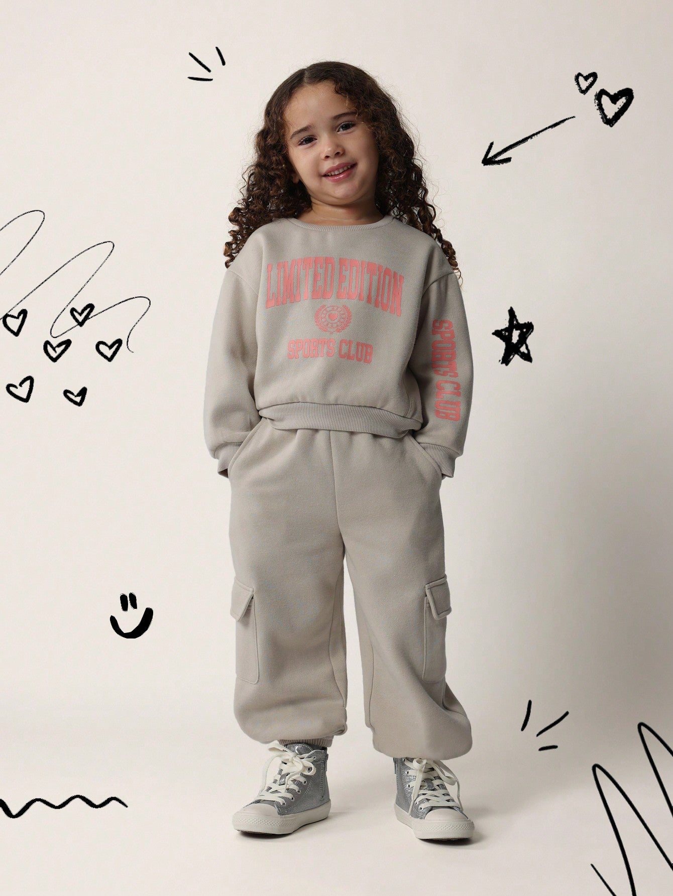 Young Girls Soft Crop Sweatshirt With Graphic Print And Cuff Cargo Jogger 2 Piece Set