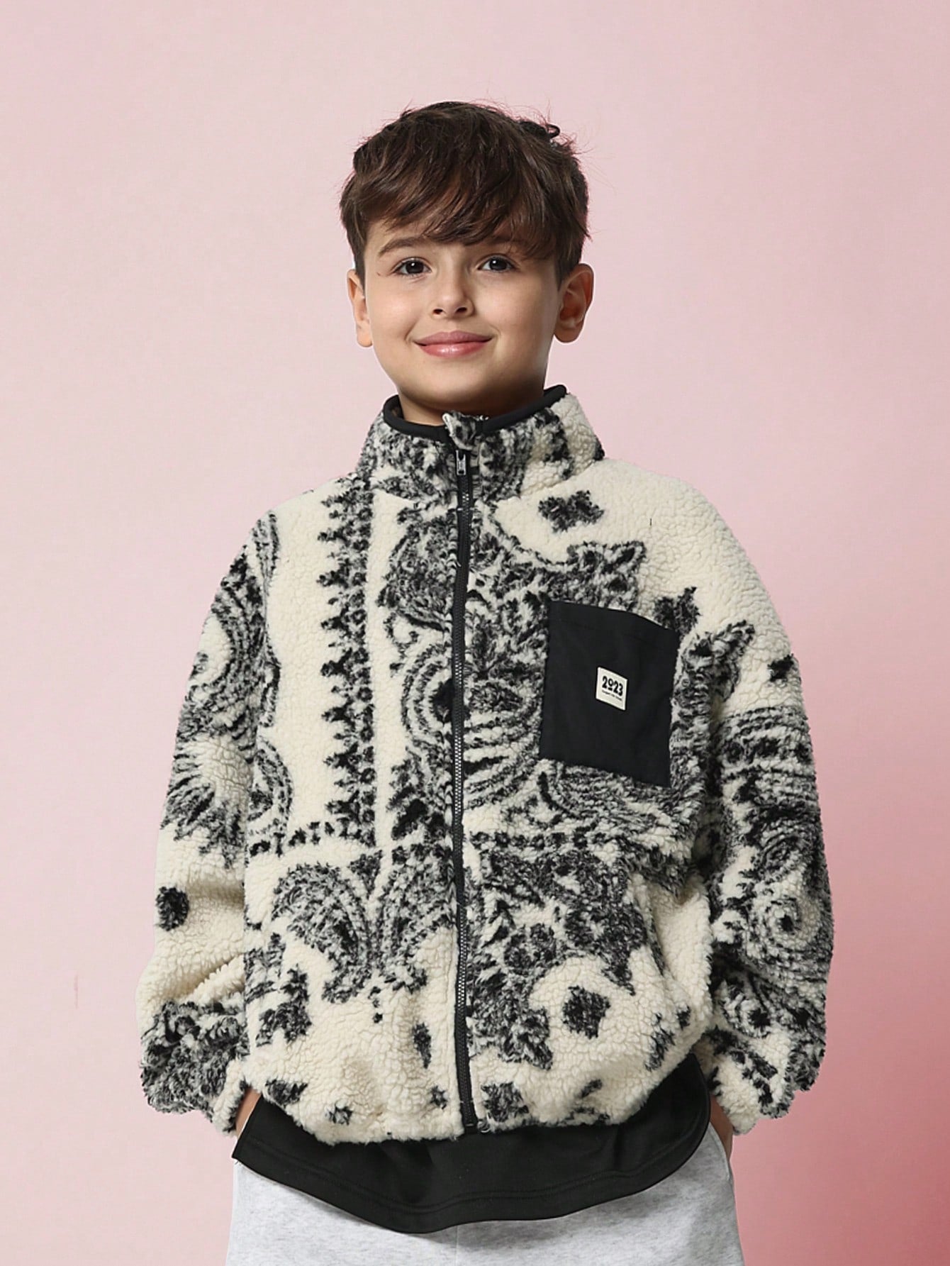 Tween Boys Soft Paisley Borg Zip Through Funnel Neck Sweatshirt