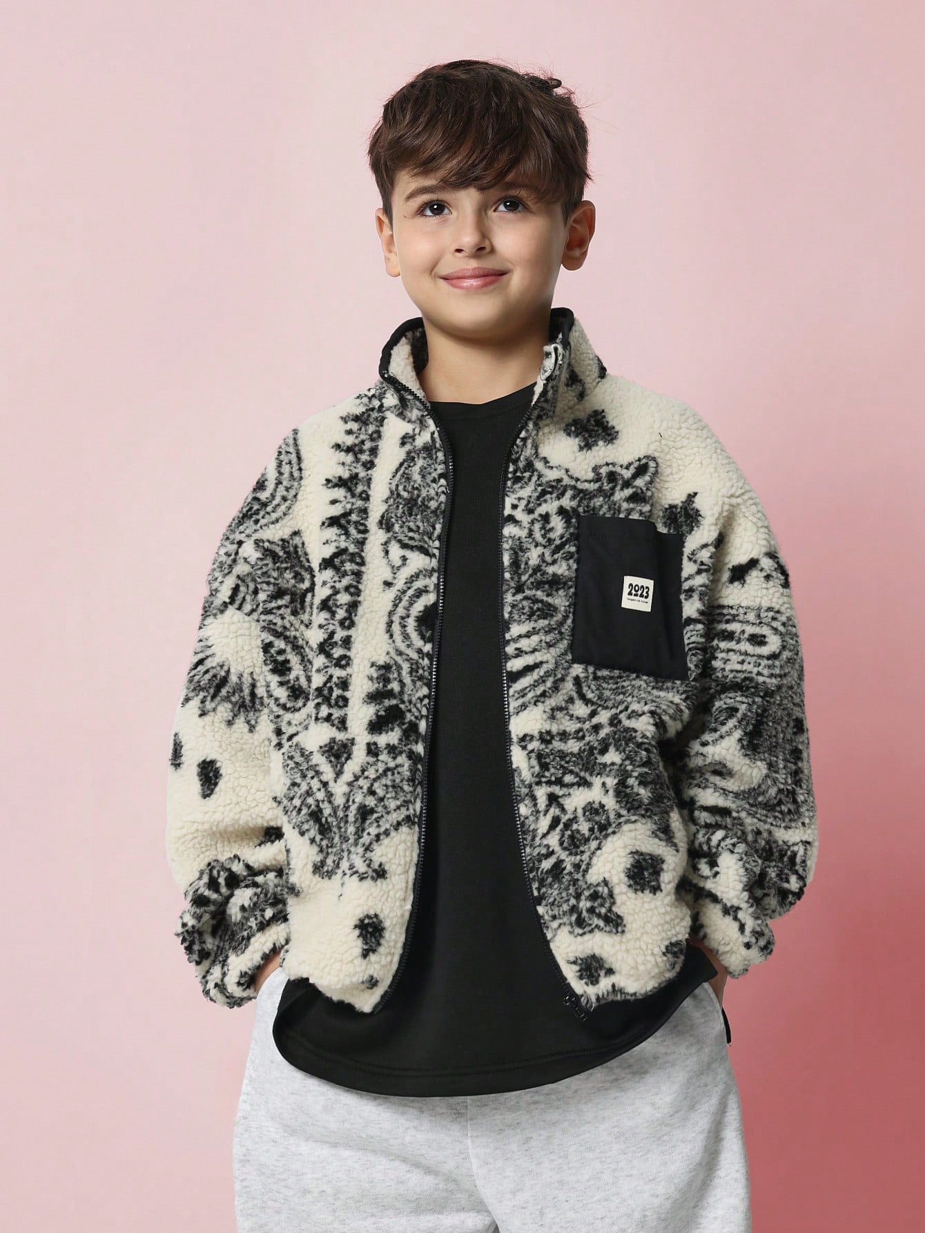 Tween Boys Soft Paisley Borg Zip Through Funnel Neck Sweatshirt