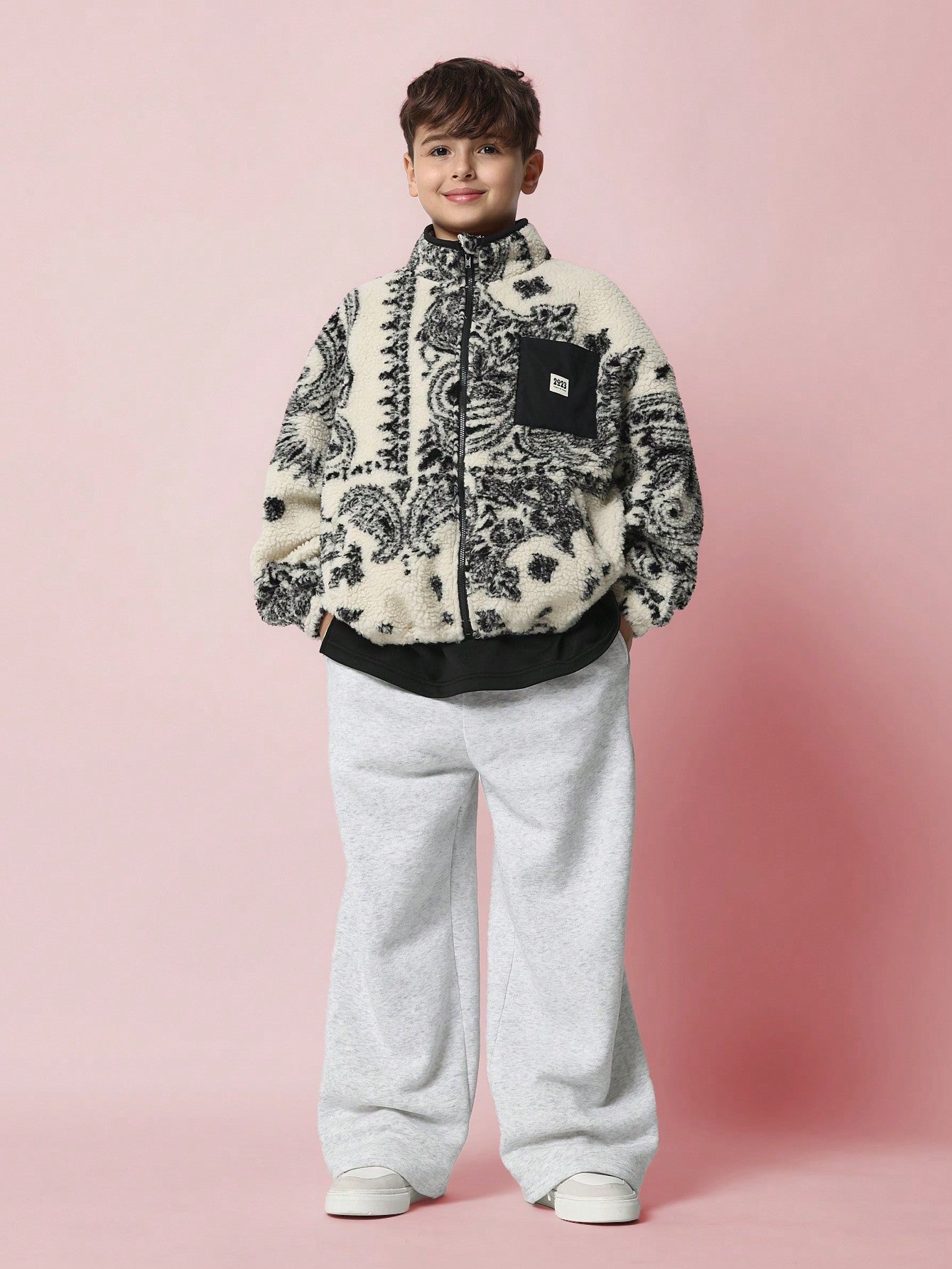 Tween Boys Soft Paisley Borg Zip Through Funnel Neck Sweatshirt