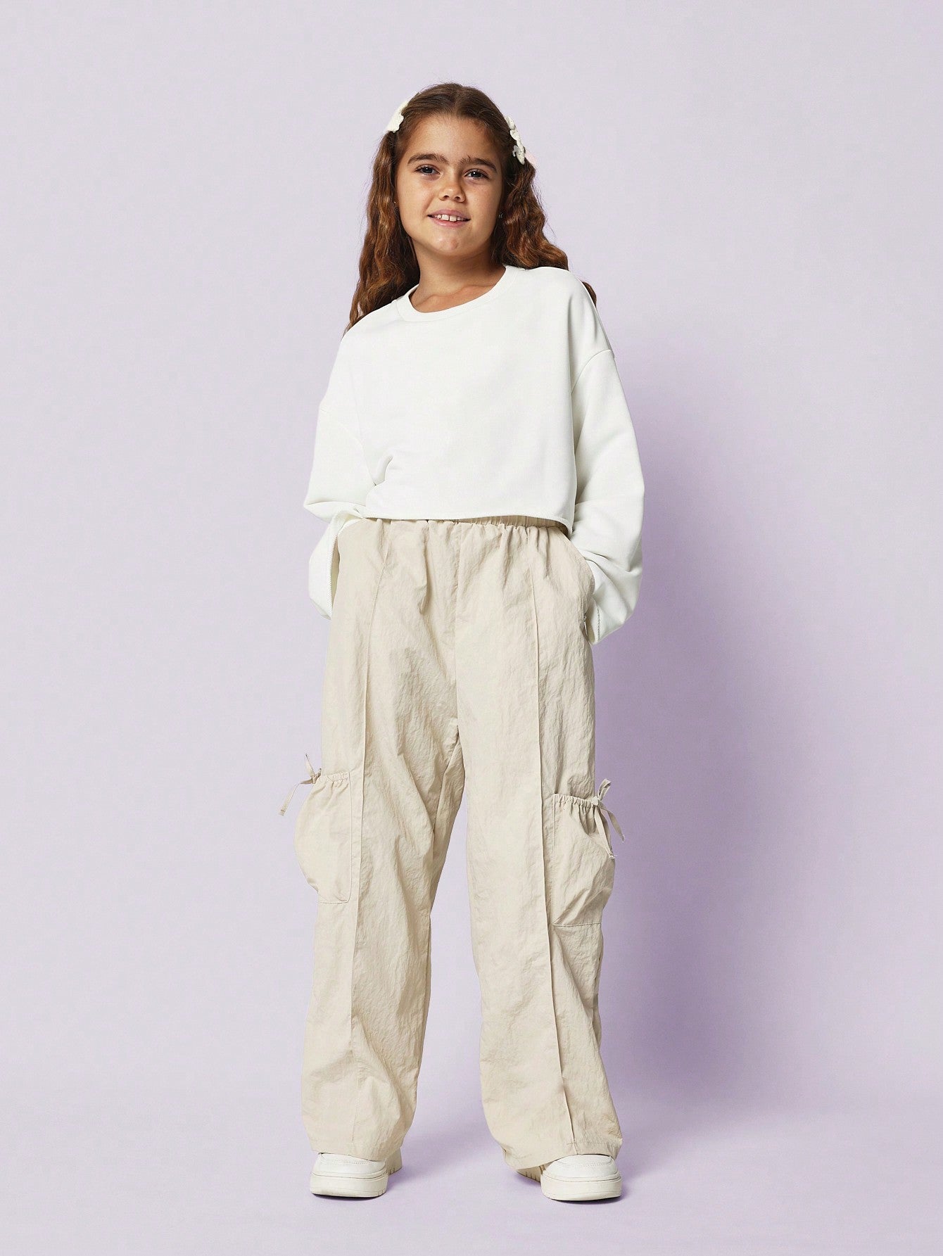 Tween Girls Relaxed Straight Fit Bow Cargo Parachute Nylon Pant