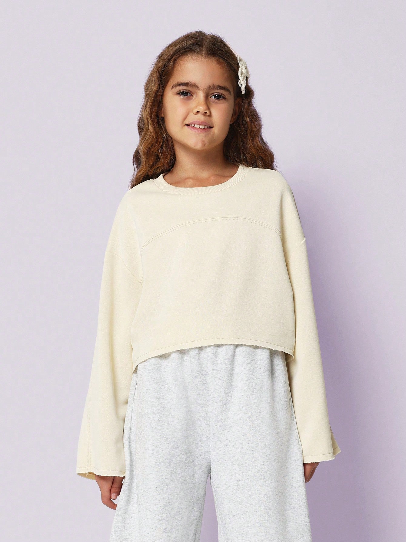 Tween Girls Comfort Crop Fit Flare Sleeve Raw Edge Hem Sweatshirt