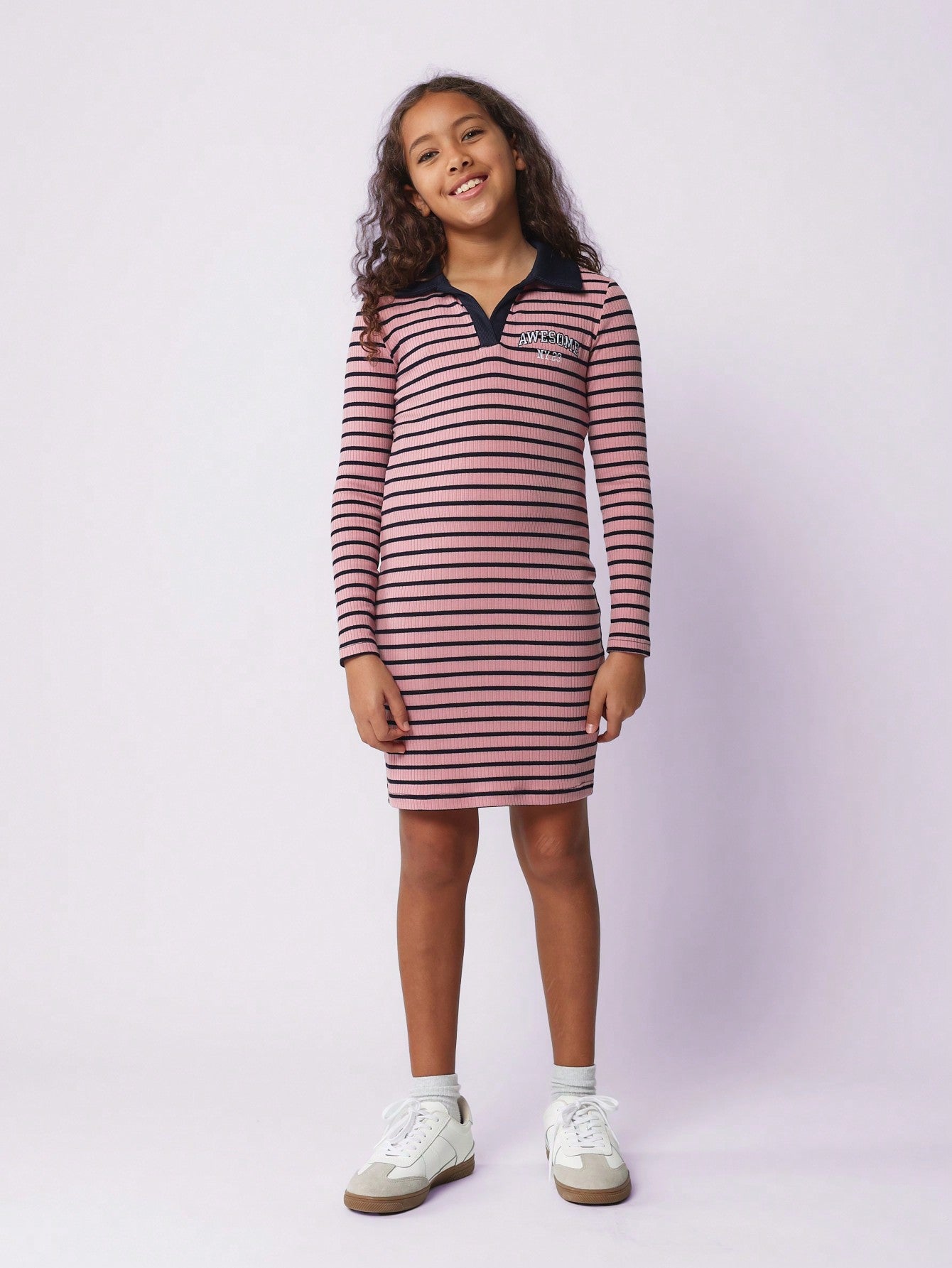 Tween Girls Comfy Stripe Polo Dress With Embroidery Pattern