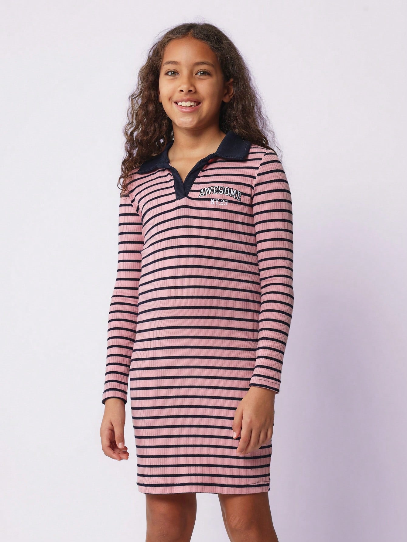 Tween Girls Comfy Stripe Polo Dress With Embroidery Pattern