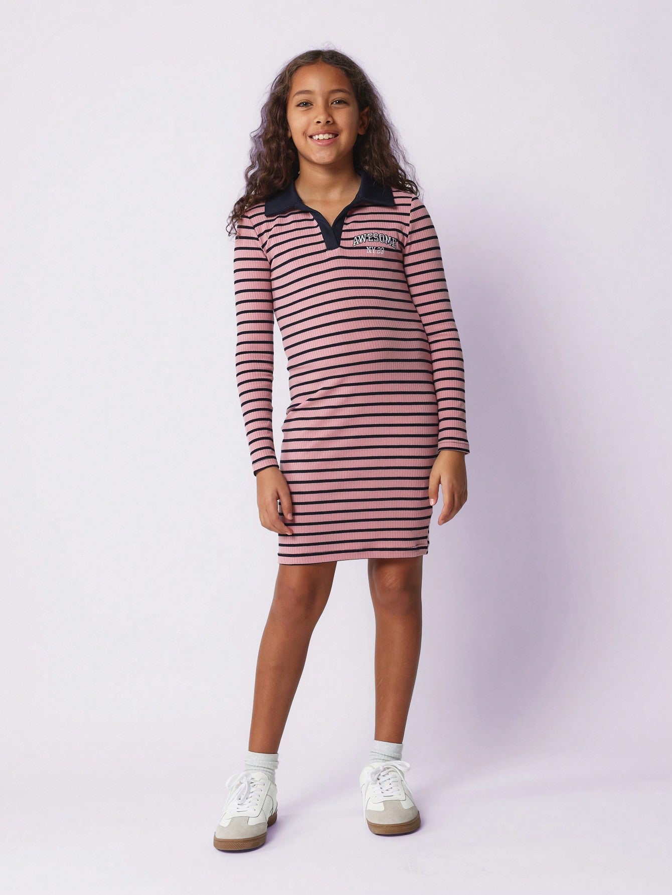 Tween Girls Comfy Stripe Polo Dress With Embroidery Pattern