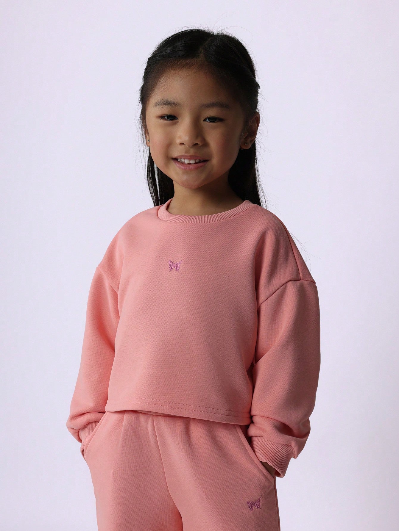 Young Girls Soft Crop Cuff Sweater And Jogger With Embroidery 2 Piece Set