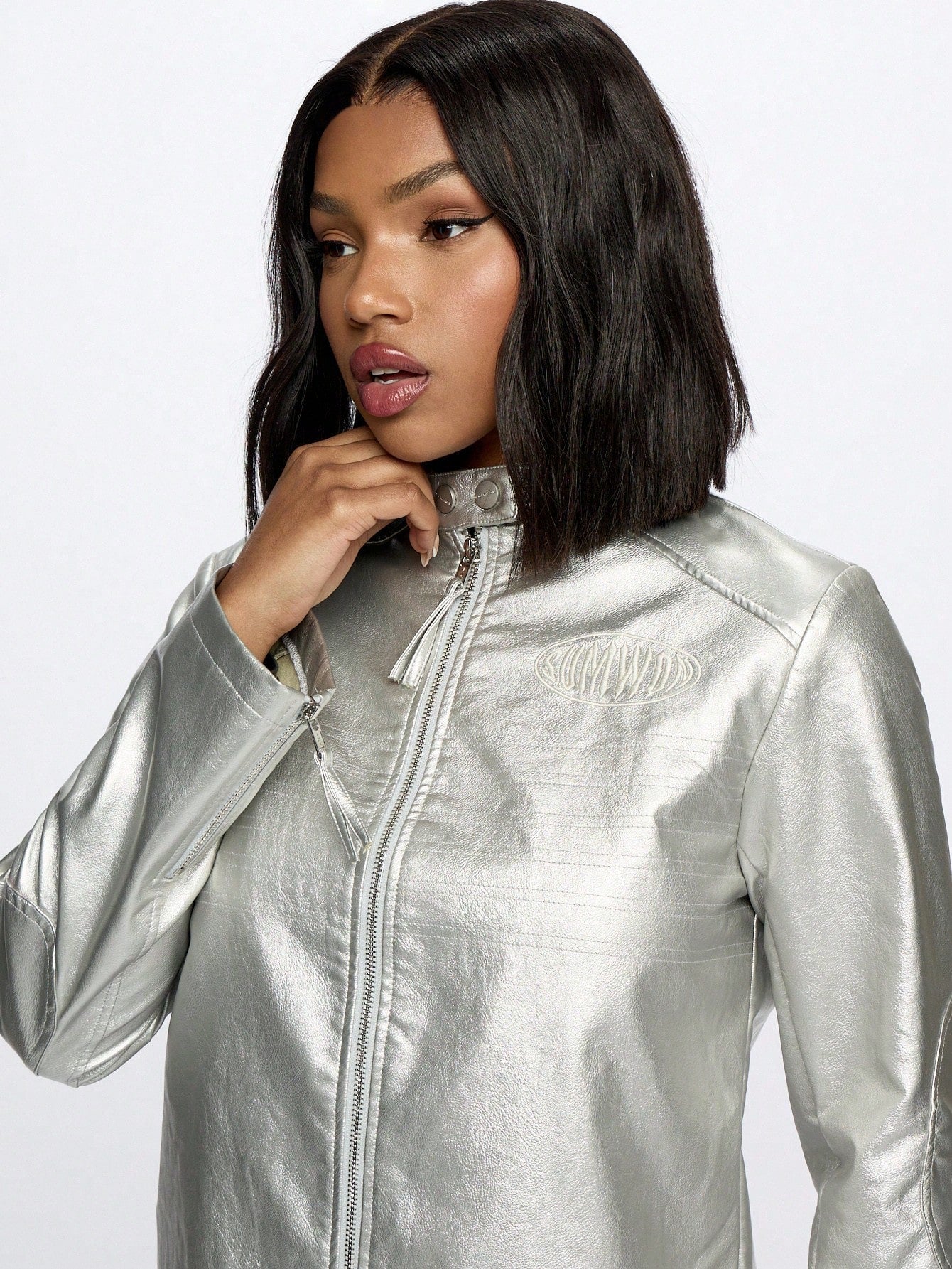 SUMWON WOMEN Silver PU Zip Through Biker Jacket