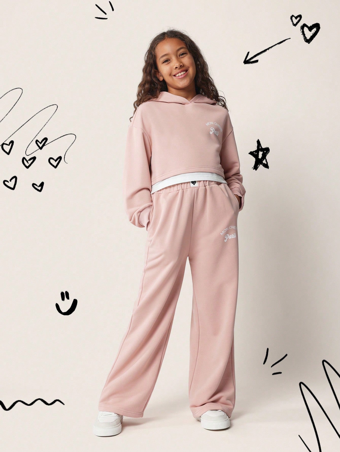 Tween Girls Comfy Cropped Double Layer Overhead Hoodie And Straight Fit Sweatpants With Graphic Print 2 Piece Set