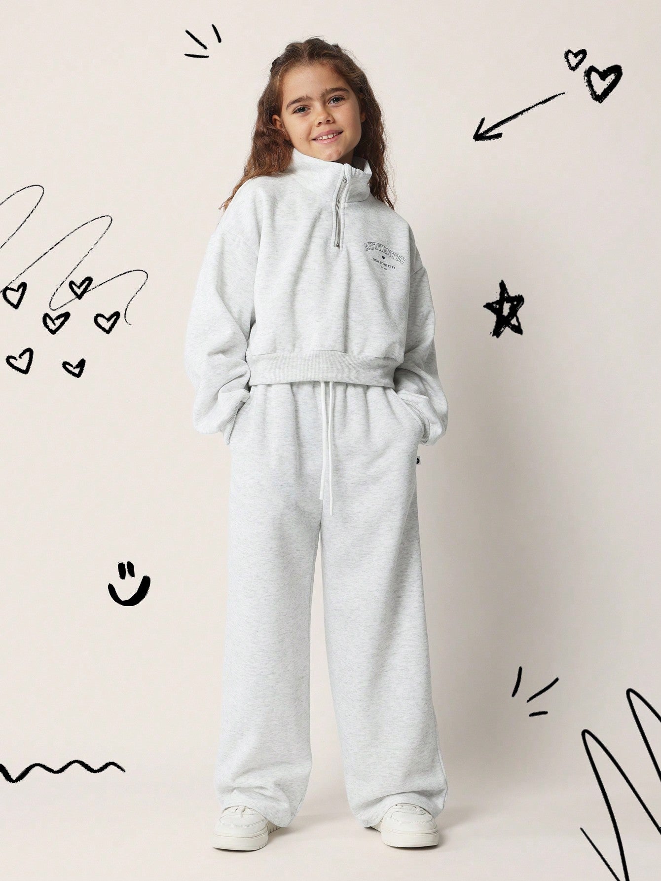 Tween Girls Soft Grey Marl Funnel Neck Half Zip Sweatshirt And Loose Fit Jogger 2 Piece Set