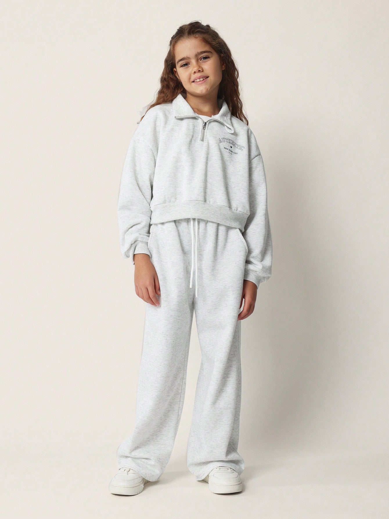 Tween Girls Soft Grey Marl Funnel Neck Half Zip Sweatshirt And Loose Fit Jogger 2 Piece Set