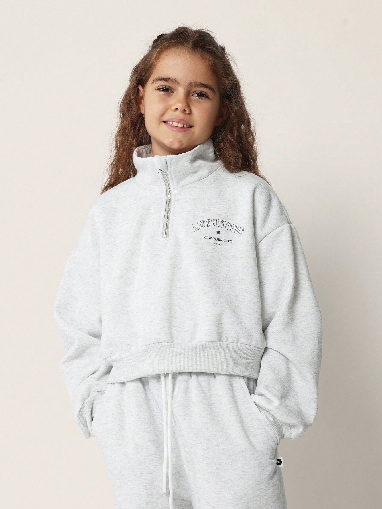 Tween Girls Soft Grey Marl Funnel Neck Half Zip Sweatshirt And Loose Fit Jogger 2 Piece Set