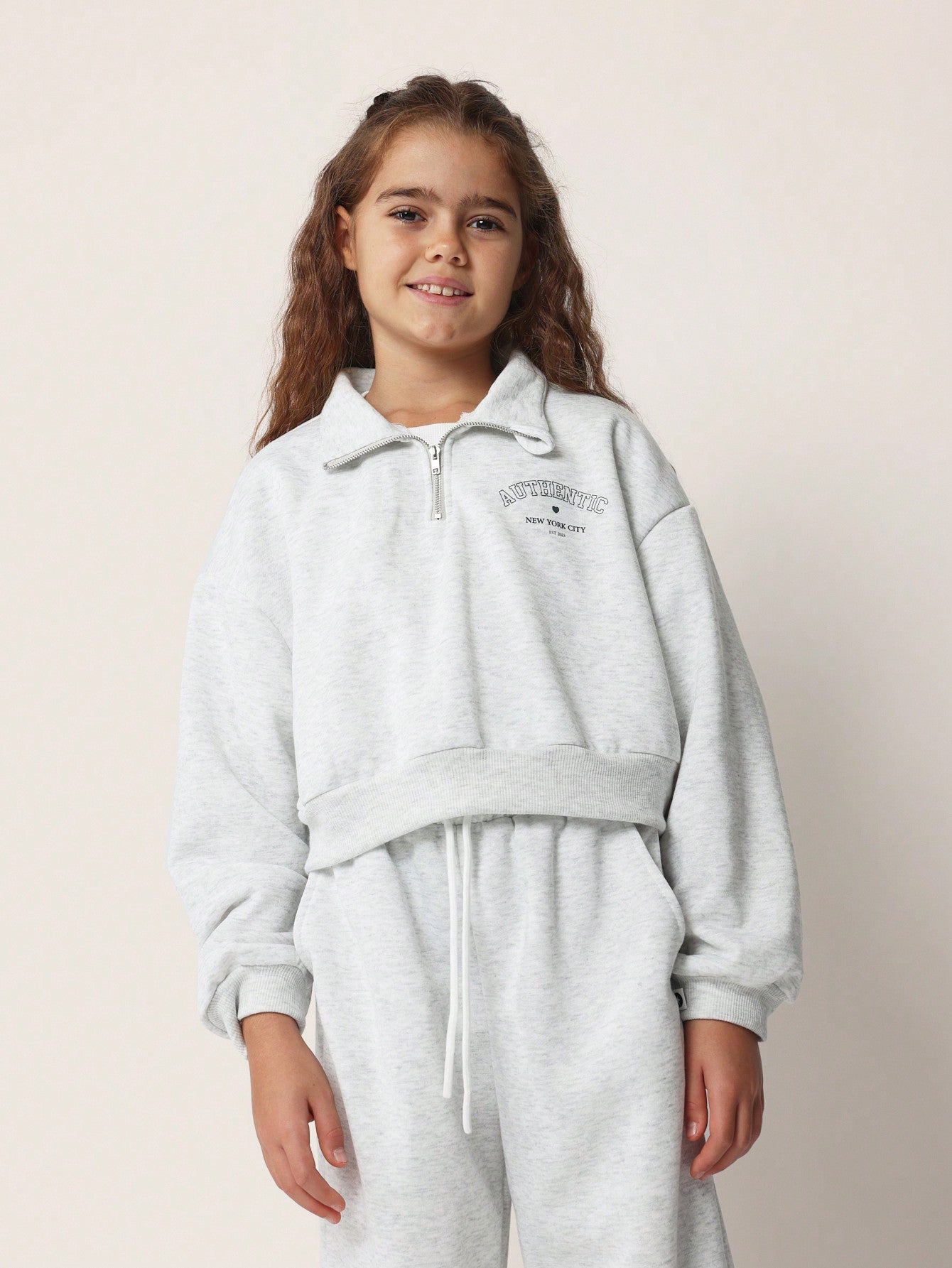 Tween Girls Soft Grey Marl Funnel Neck Half Zip Sweatshirt And Loose Fit Jogger 2 Piece Set