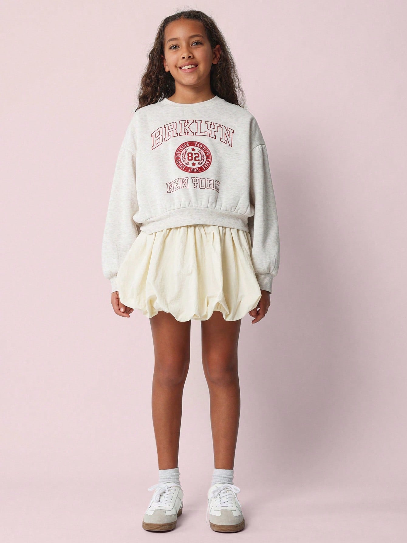 Tween Girls Comfy Cropped Sweatshit With Brklyn Graphic Print And Puffball Mini Skirt 2 Piece Set