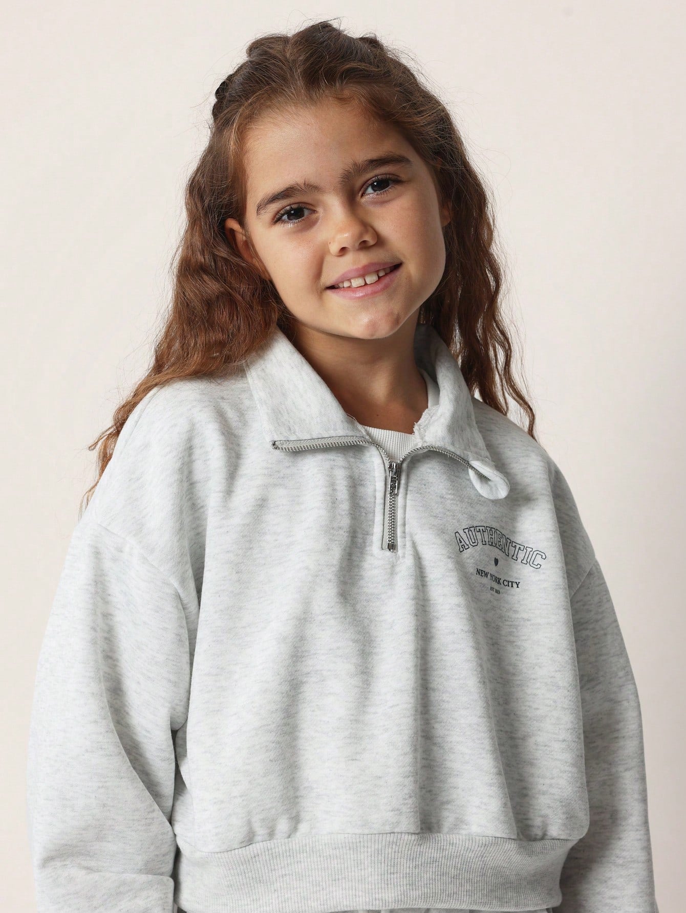 Tween Girls Soft Grey Marl Funnel Neck Half Zip Sweatshirt And Loose Fit Jogger 2 Piece Set