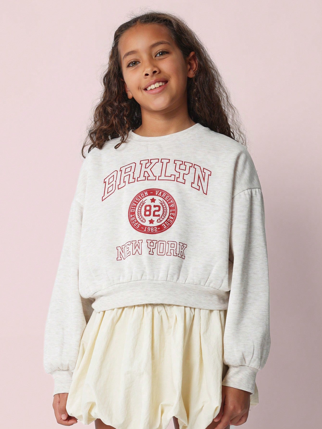 Tween Girls Comfy Cropped Sweatshit With Brklyn Graphic Print And Puffball Mini Skirt 2 Piece Set