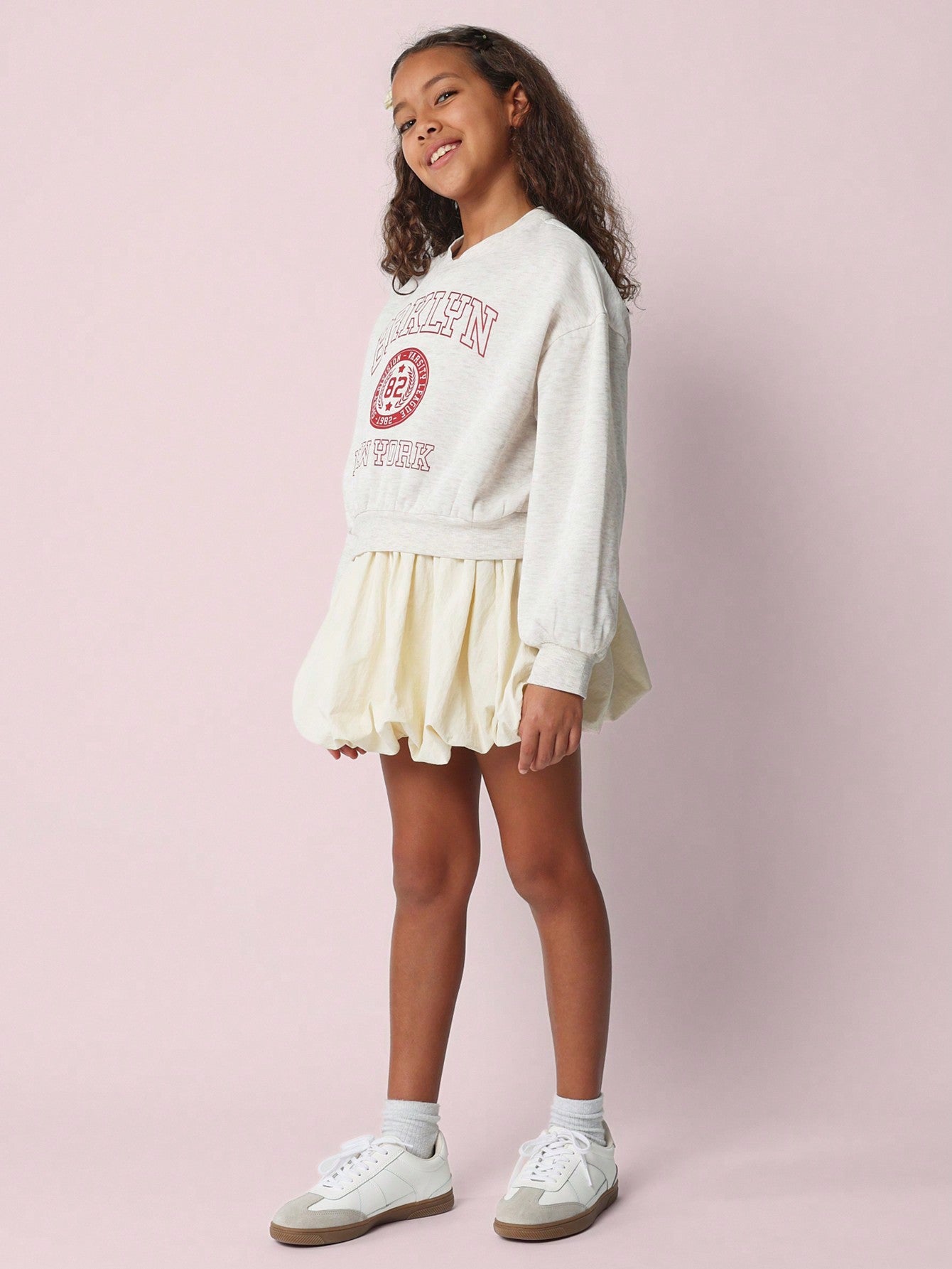 Tween Girls Comfy Cropped Sweatshit With Brklyn Graphic Print And Puffball Mini Skirt 2 Piece Set