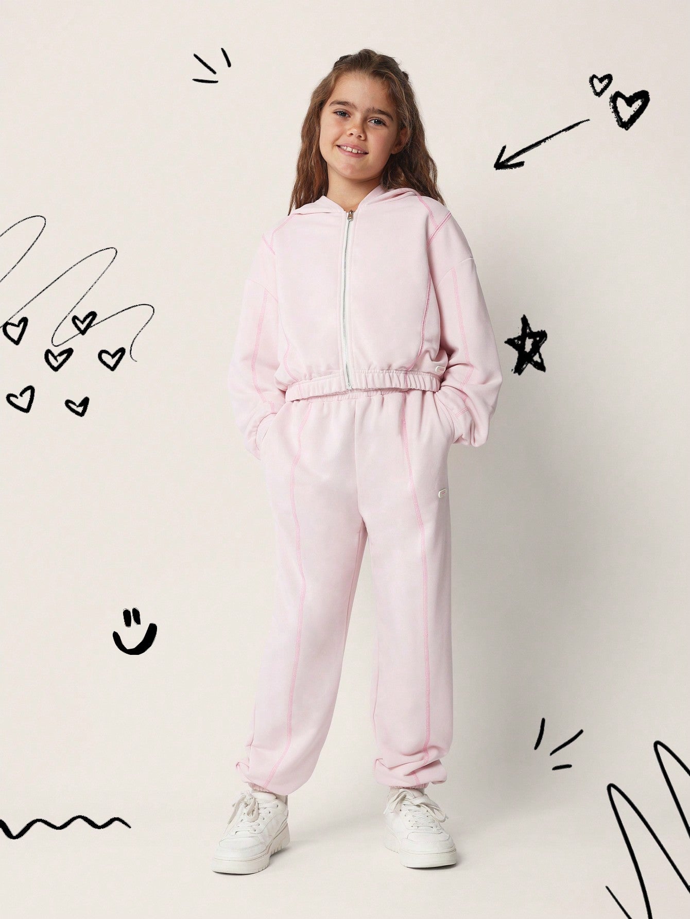 Tween Girls Comfy Crop Zip-Up Hoody And Jogger With Seam Details 2 Piece Set