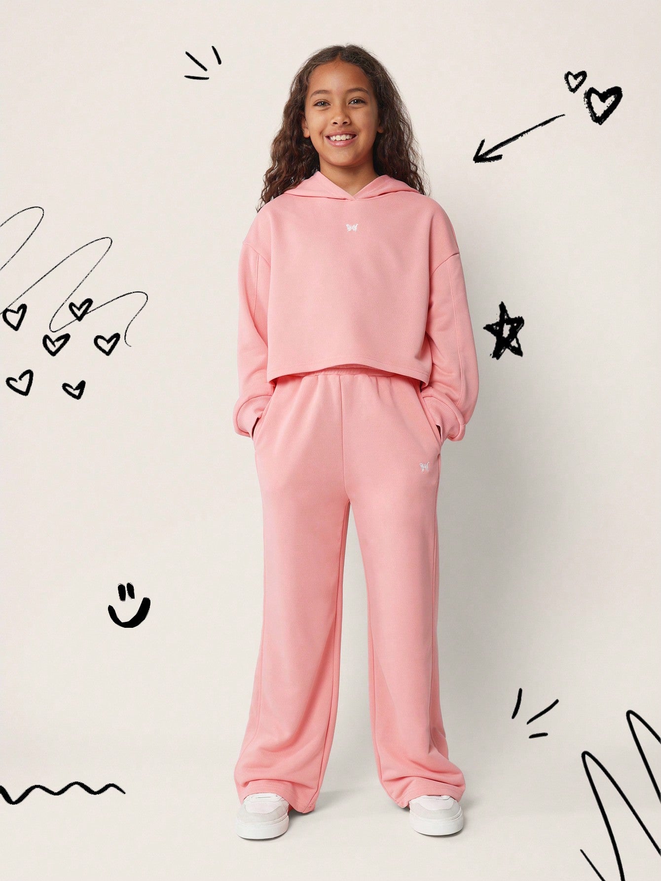 Tween Girls Comfy Crop Fit Overhead Hoodie And Straight Fit Sweatpants With Small Butterfly Embroidery 2 Piece Set