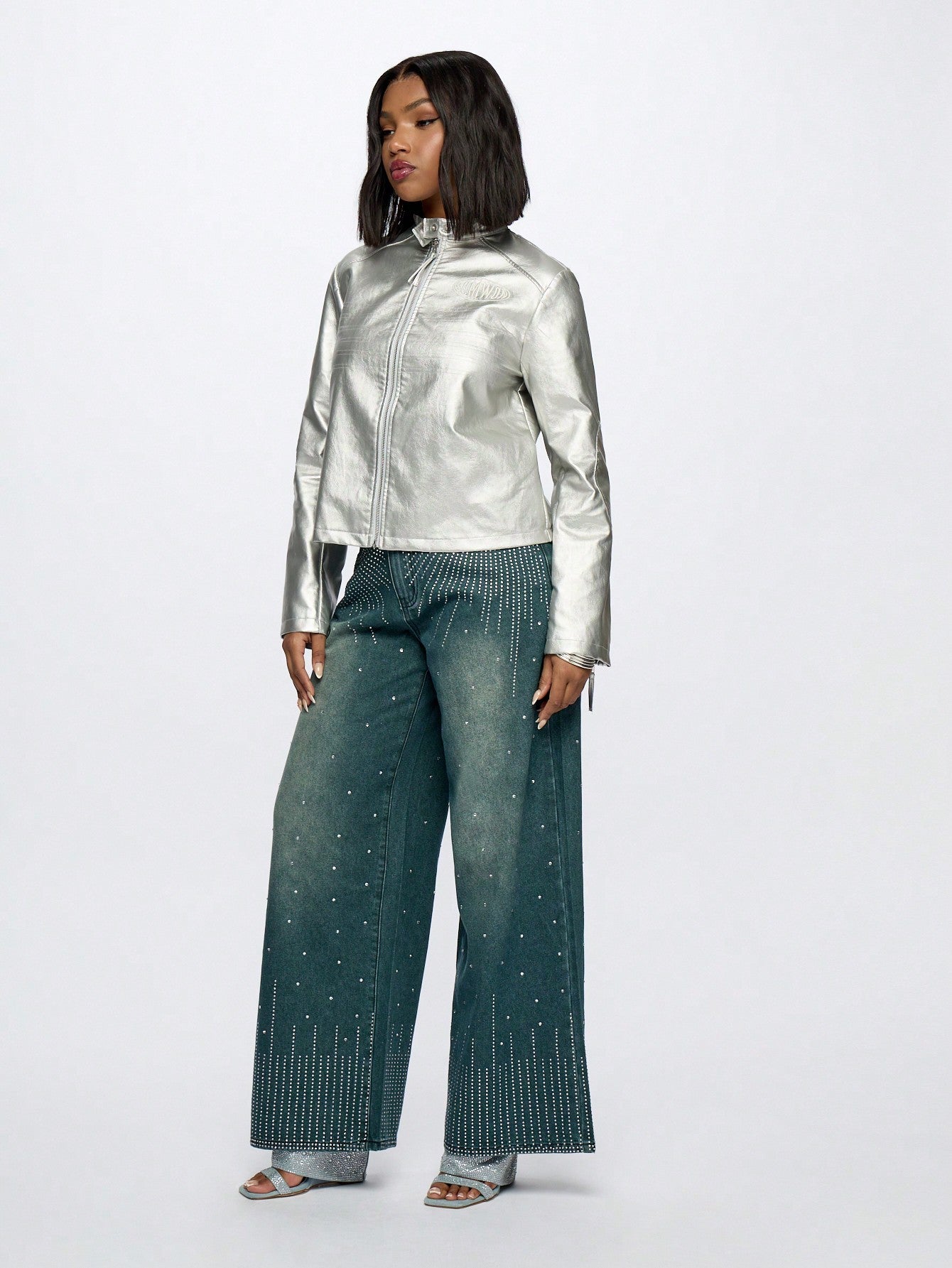 SUMWON WOMEN Oversized Wide Leg Rhinestone Jeans