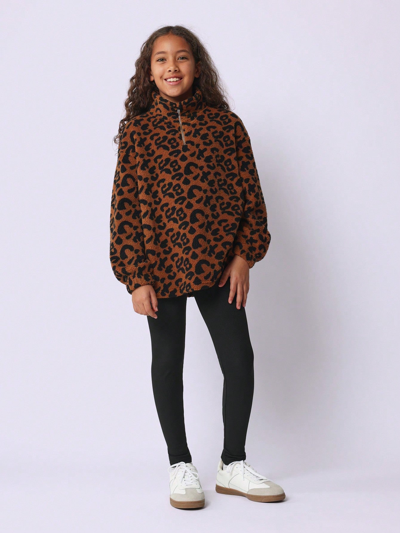 Tween Girls Soft Oversized Leopard Print Borg Half Zip Sweatshirt And Rib Legging 2 Piece Set