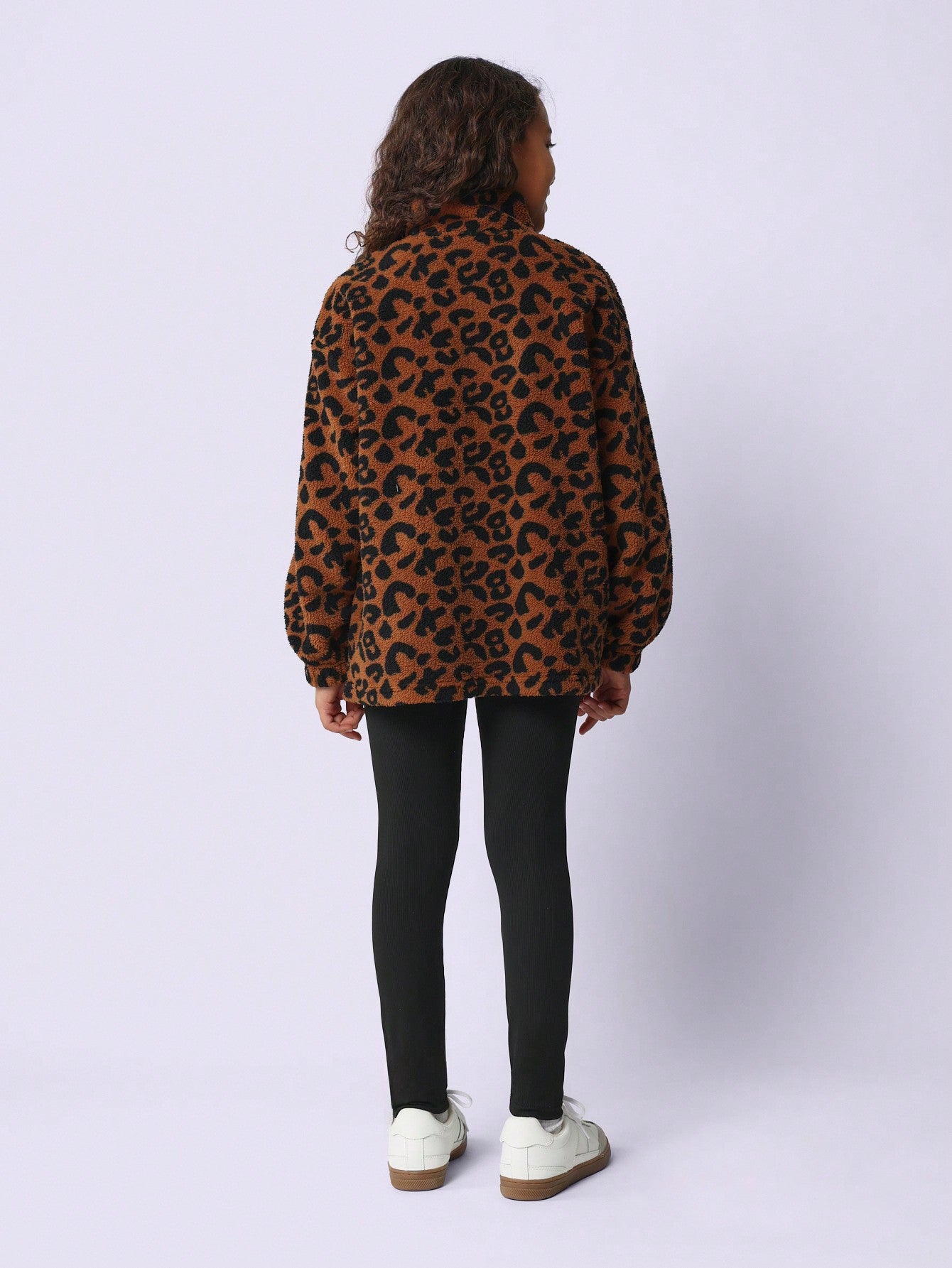 Tween Girls Soft Oversized Leopard Print Borg Half Zip Sweatshirt And Rib Legging 2 Piece Set