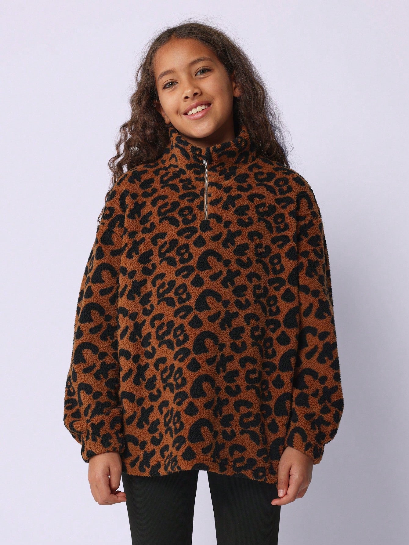 Tween Girls Soft Oversized Leopard Print Borg Half Zip Sweatshirt And Rib Legging 2 Piece Set