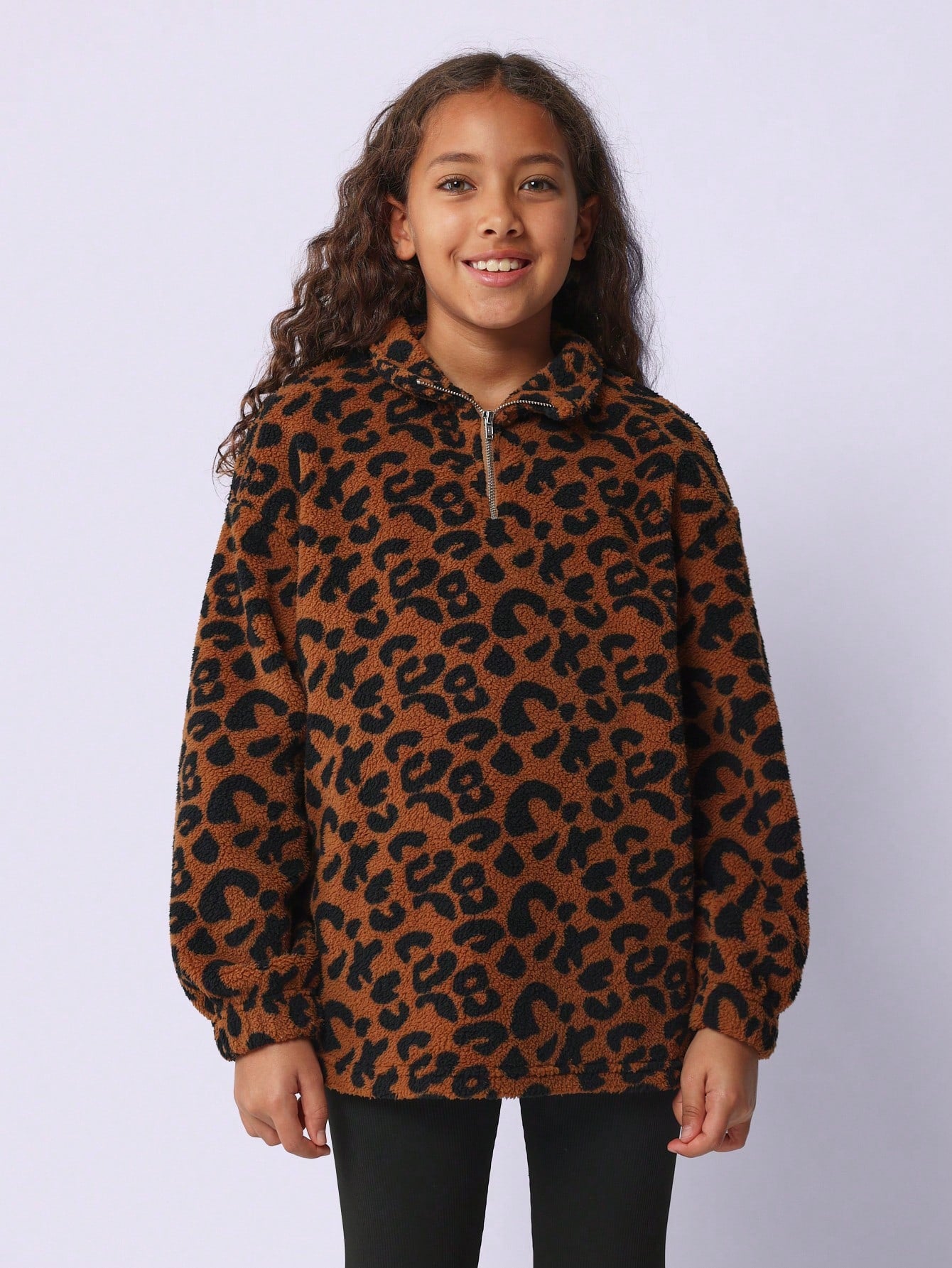 Tween Girls Soft Oversized Leopard Print Borg Half Zip Sweatshirt And Rib Legging 2 Piece Set