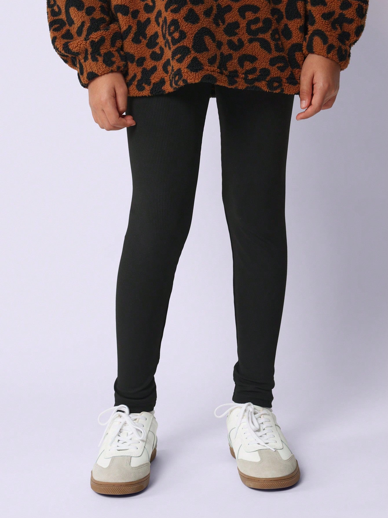 Tween Girls Soft Oversized Leopard Print Borg Half Zip Sweatshirt And Rib Legging 2 Piece Set