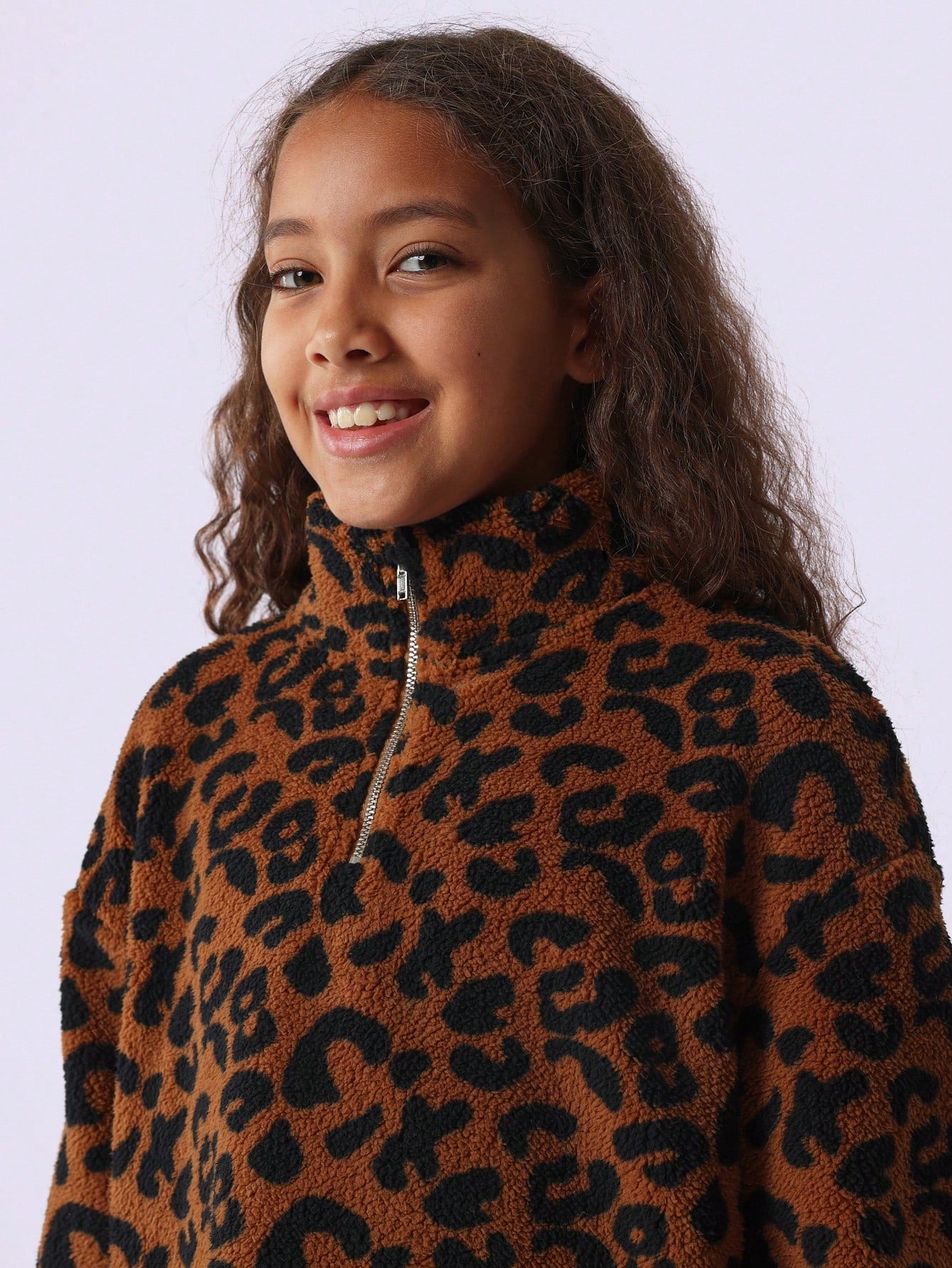 Tween Girls Soft Oversized Leopard Print Borg Half Zip Sweatshirt And Rib Legging 2 Piece Set