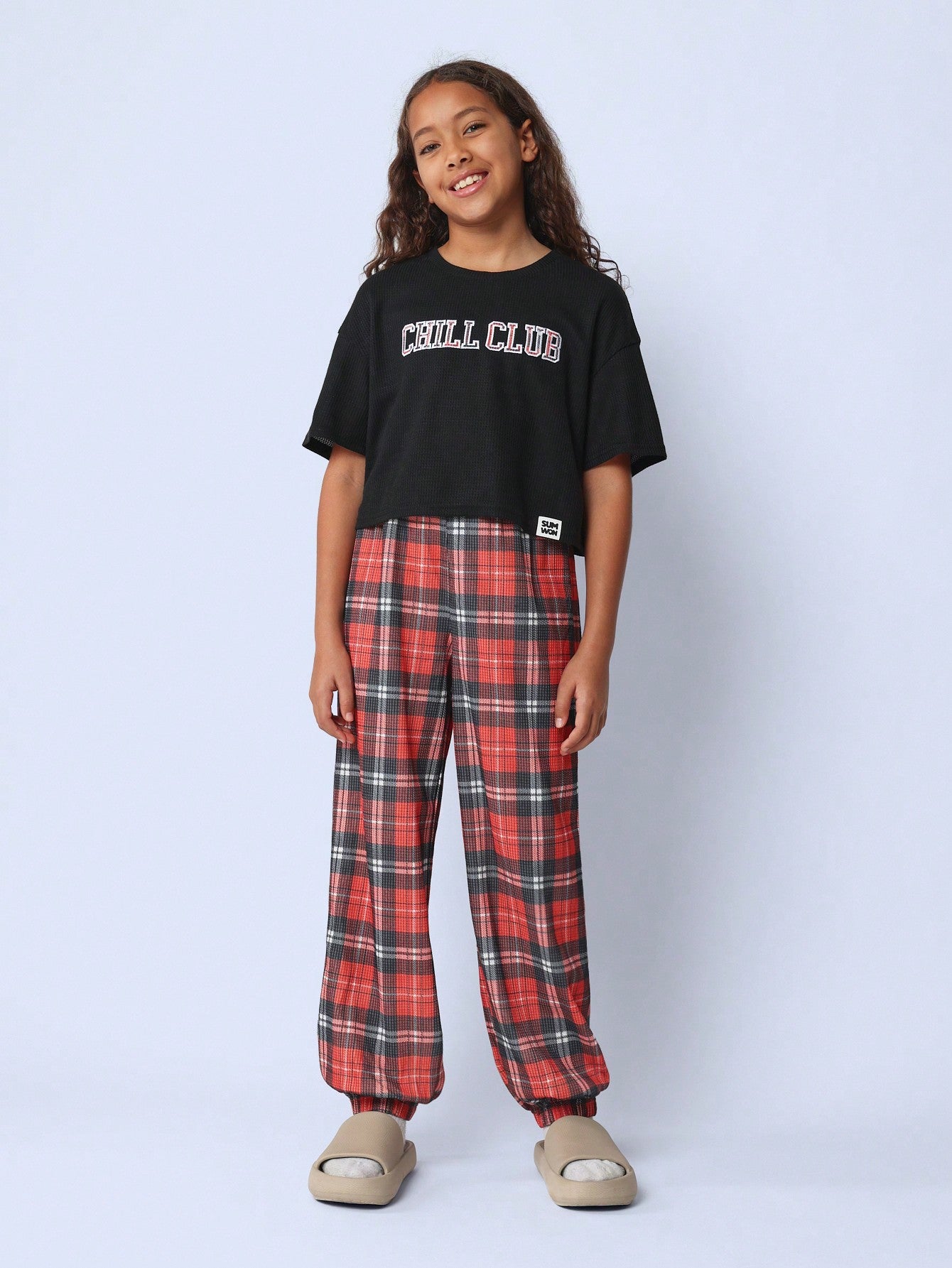 Tween Girls Comfy Crop Fit Short Sleeve Tee With Graphic Print And Check Jogger Pant 2 Piece Pyjama Set