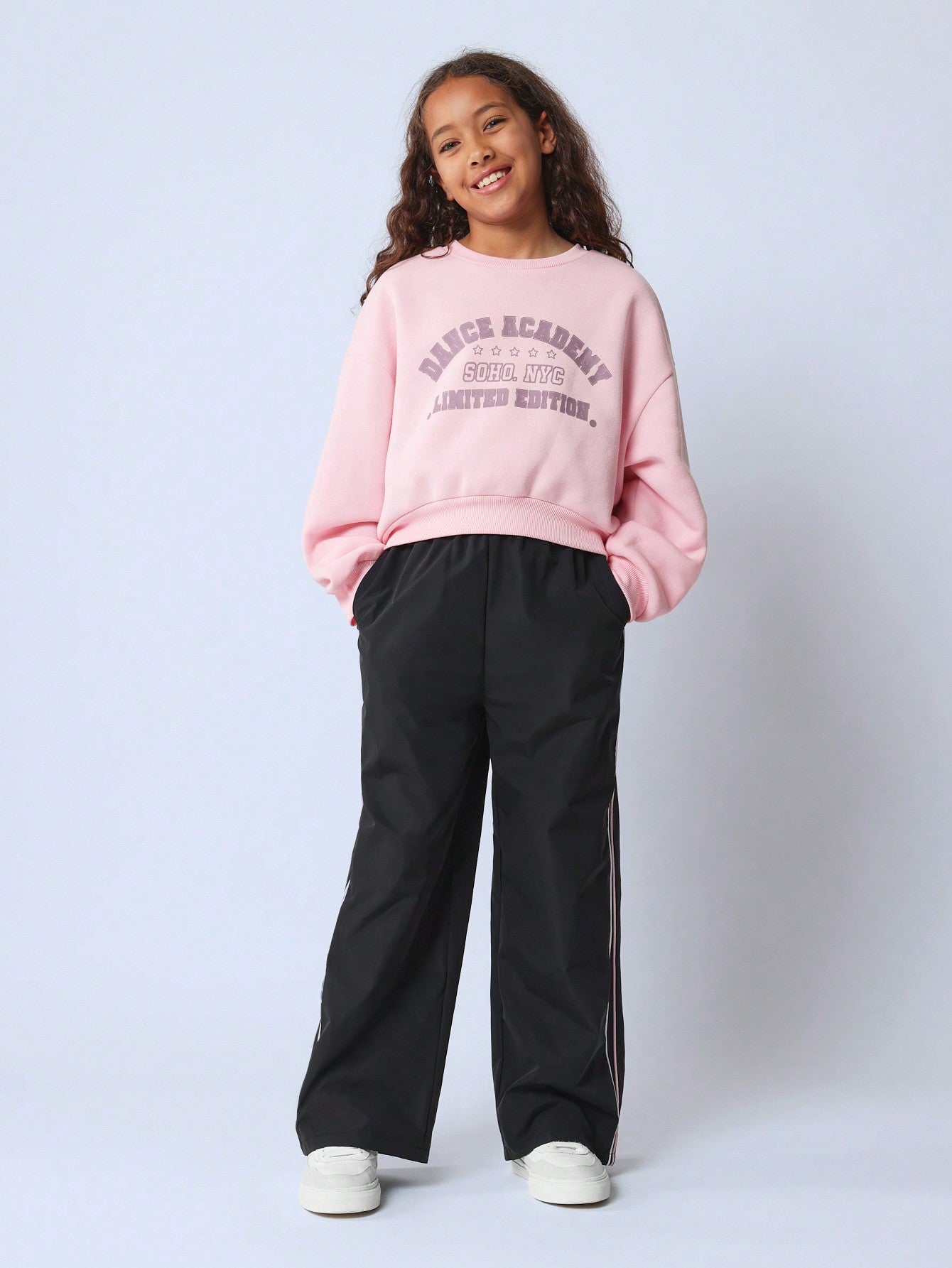 Tween Girls Comfy Pink Graphic Printed Sweater & Nylon Pant W/Piping 2 Piece Set