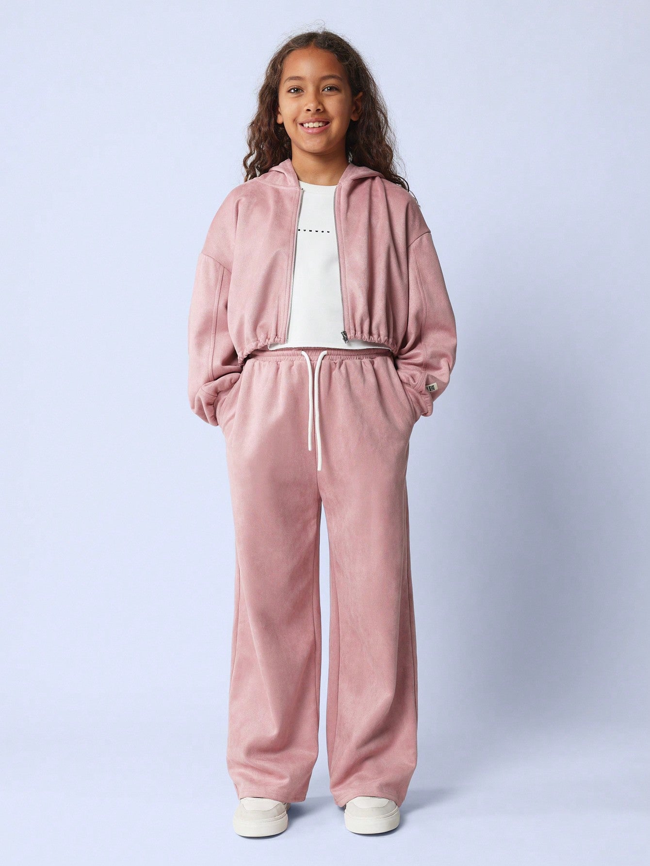 Tween Girls Comfy Essential Suedette Zip Through Elastic Hem Hoodie And Wide Leg Sweatpants 2 Piece Set